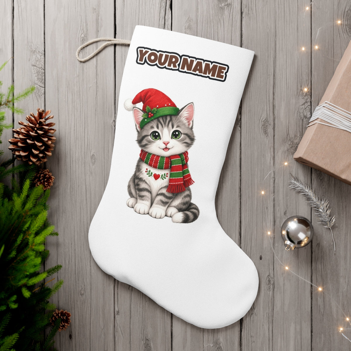 Christmas Kitten In Scarf personalised Christmas stocking, white, with the name across the top