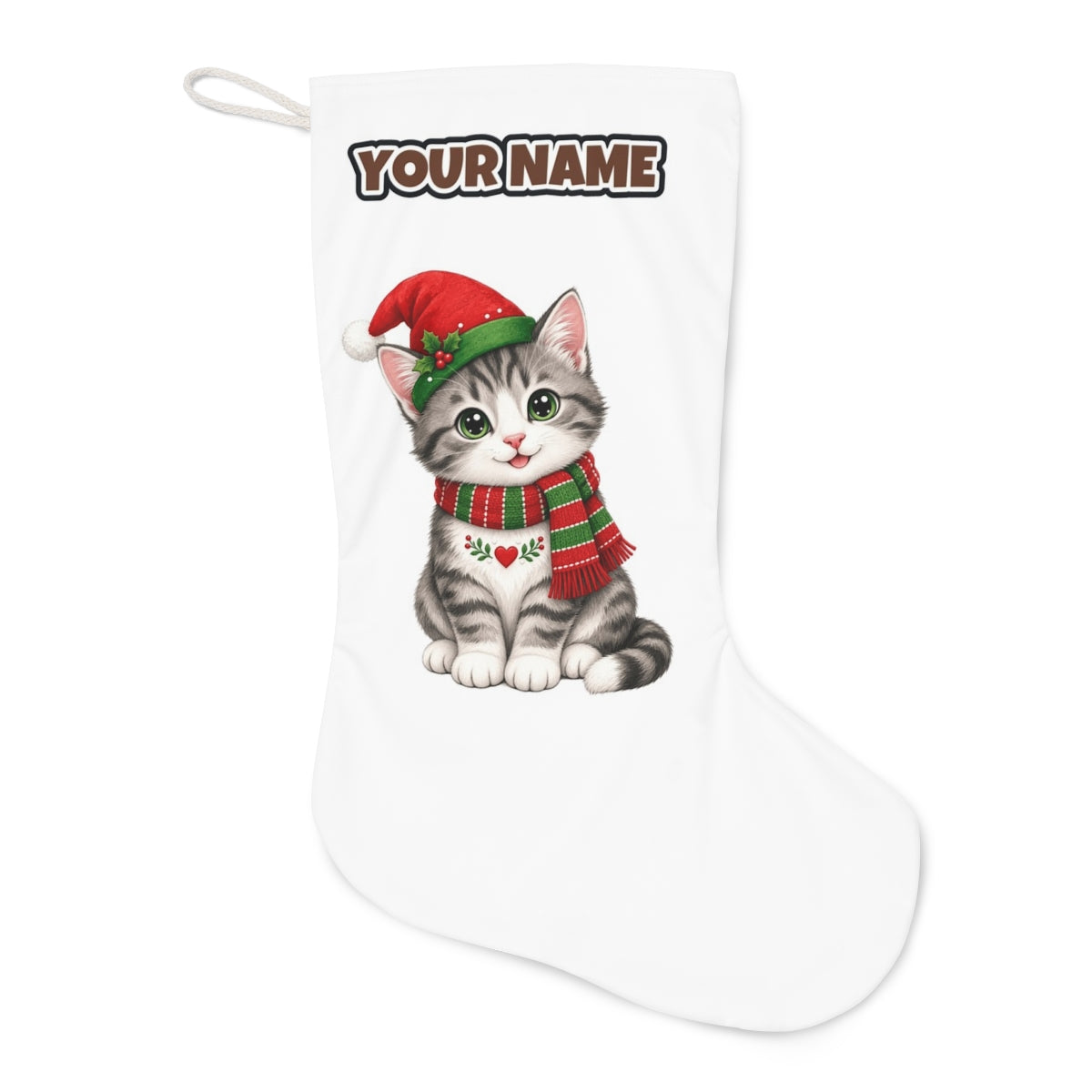Christmas Kitten In Scarf Christmas stocking laid flat, showing the full print