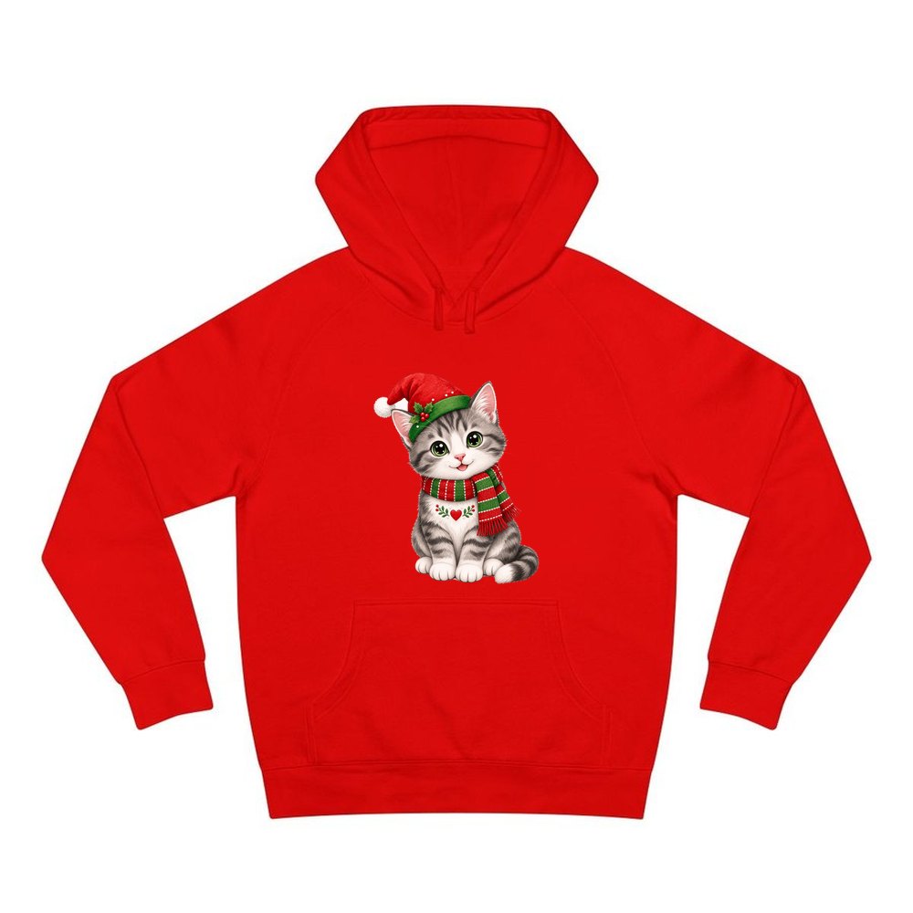 Christmas Kitten In Scarf personalised Christmas hoodie in red