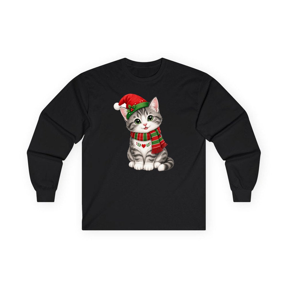 Christmas Kitten In Scarf personalised long sleeve Christmas T-shirt in black