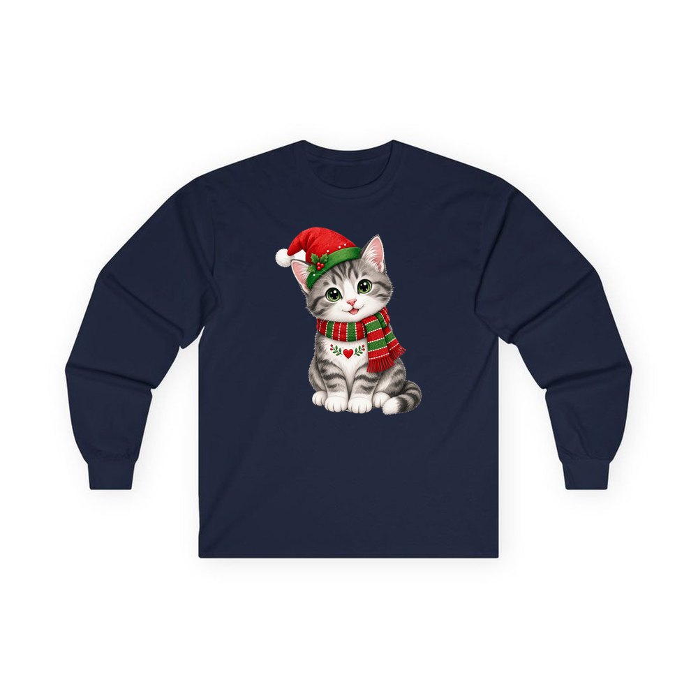 Christmas Kitten In Scarf personalised long sleeve Christmas T-shirt in navy