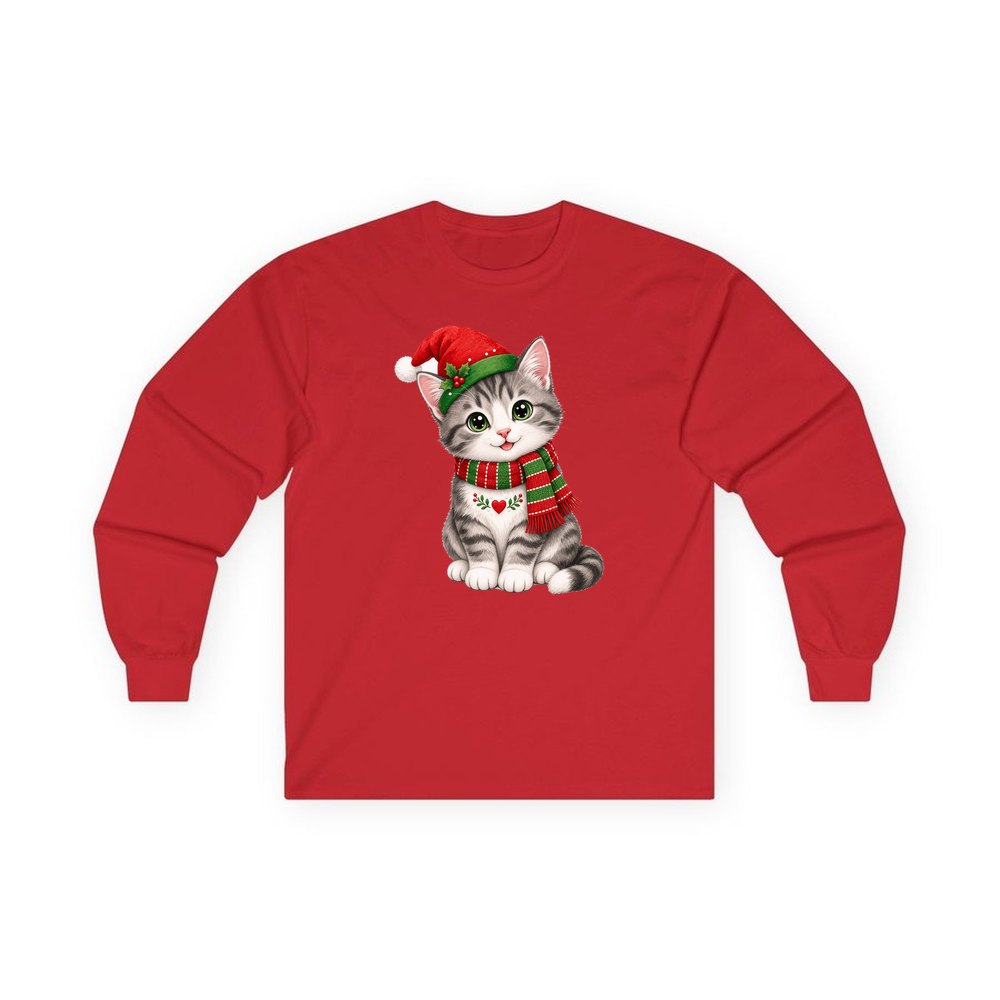 Christmas Kitten In Scarf personalised long sleeve Christmas T-shirt in red