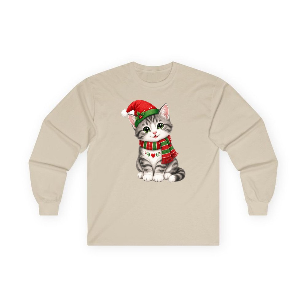 Christmas Kitten In Scarf personalised long sleeve Christmas T-shirt in sand