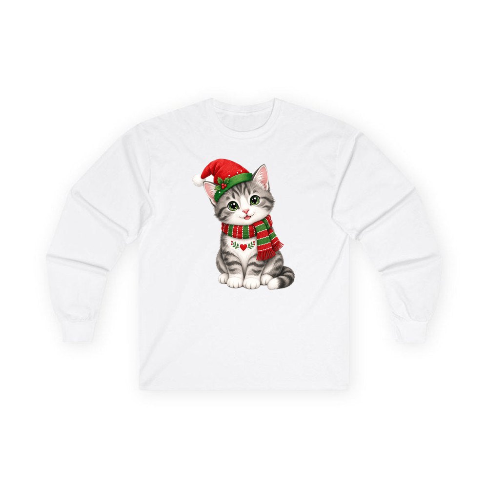 Christmas Kitten In Scarf personalised long sleeve Christmas T-shirt in white