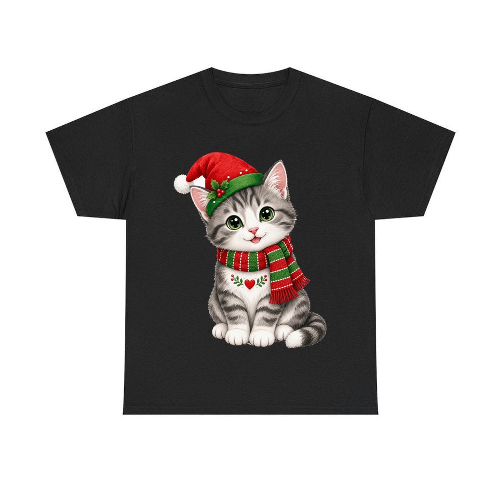 Christmas Kitten In Scarf personalised Christmas T-shirt in black
