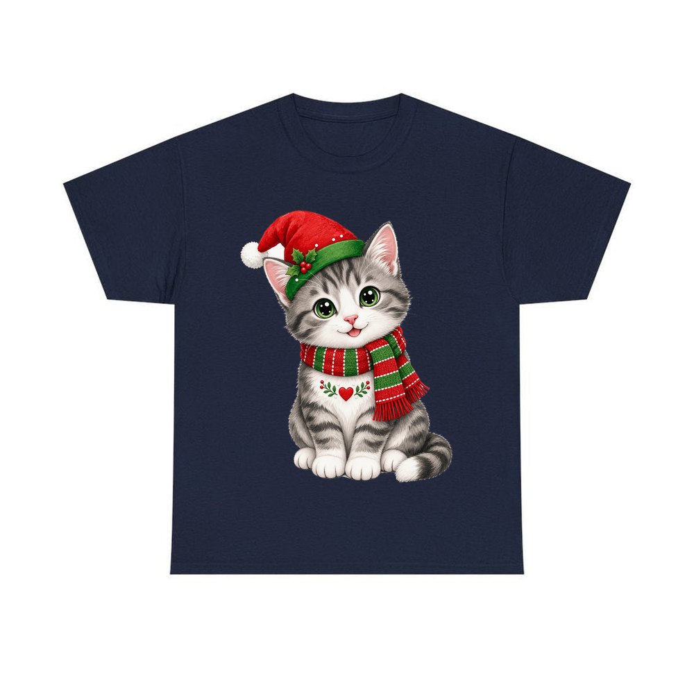 Christmas Kitten In Scarf personalised Christmas T-shirt in navy