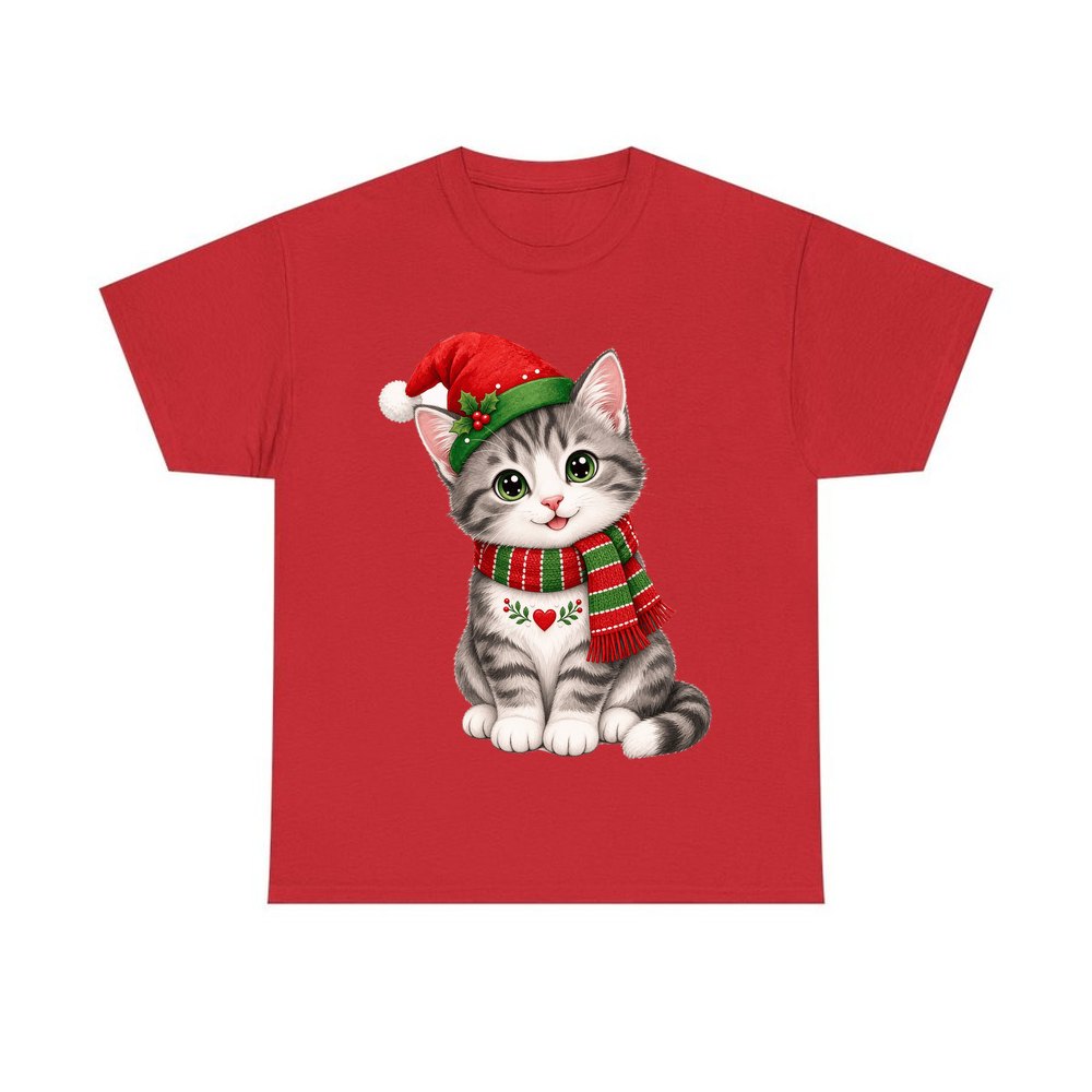 Christmas Kitten In Scarf personalised Christmas T-shirt in red