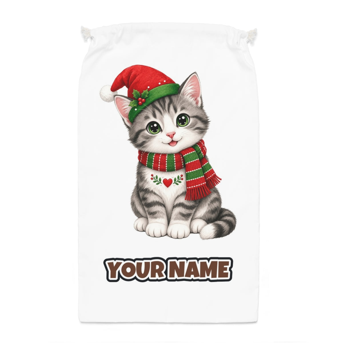 Christmas Kitten In Scarf Santa sack laid flat, showing the full print