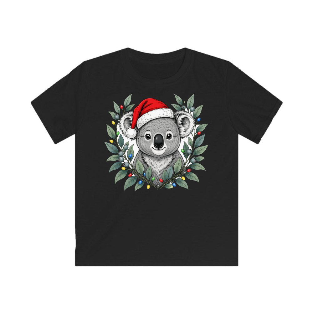 Christmas Koala With Gum Leaves personalised kids Christmas tee in black