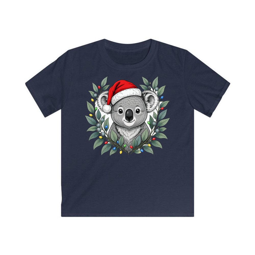 Christmas Koala With Gum Leaves personalised kids Christmas tee in navy