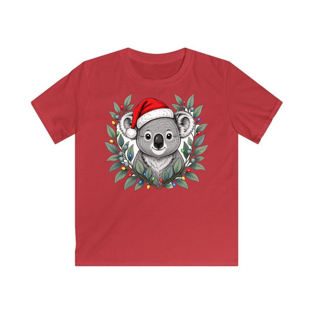 Christmas Koala With Gum Leaves personalised kids Christmas tee in red