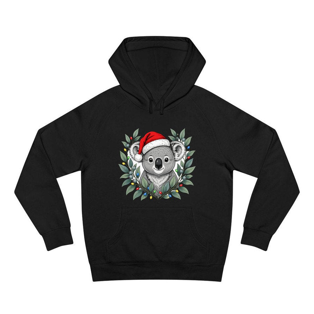 Christmas Koala With Gum Leaves personalised Christmas hoodie in black