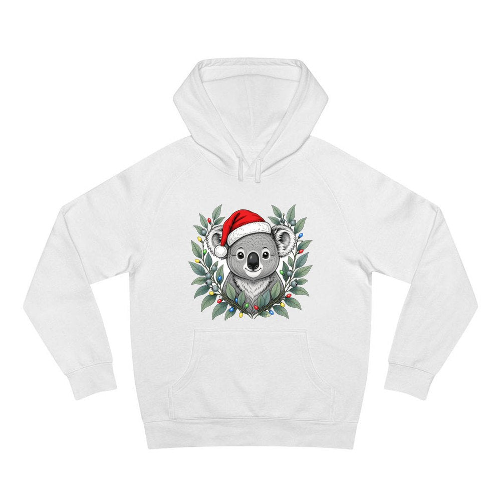 Christmas Koala With Gum Leaves personalised Christmas hoodie in white
