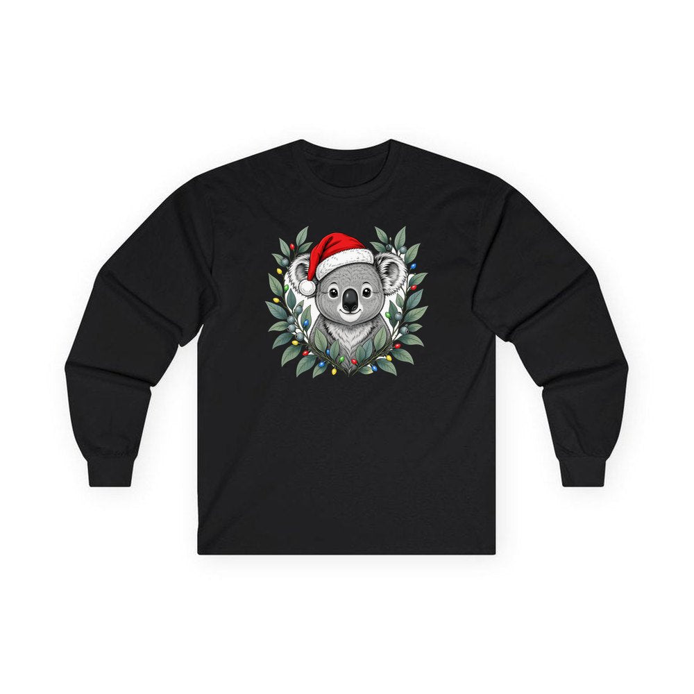 Christmas Koala With Gum Leaves personalised long sleeve Christmas T-shirt in black
