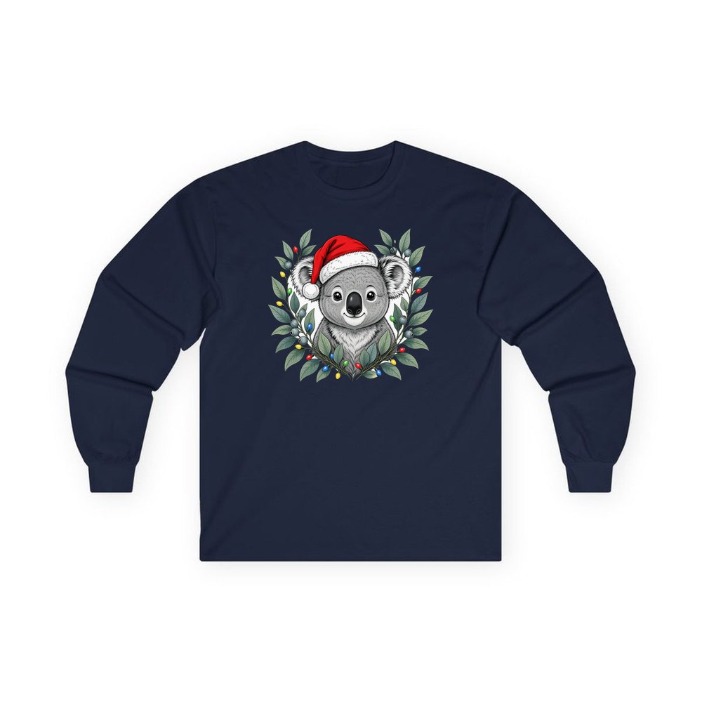 Christmas Koala With Gum Leaves personalised long sleeve Christmas T-shirt in navy