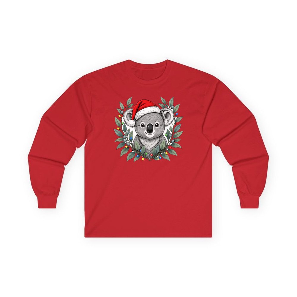 Christmas Koala With Gum Leaves personalised long sleeve Christmas T-shirt in red