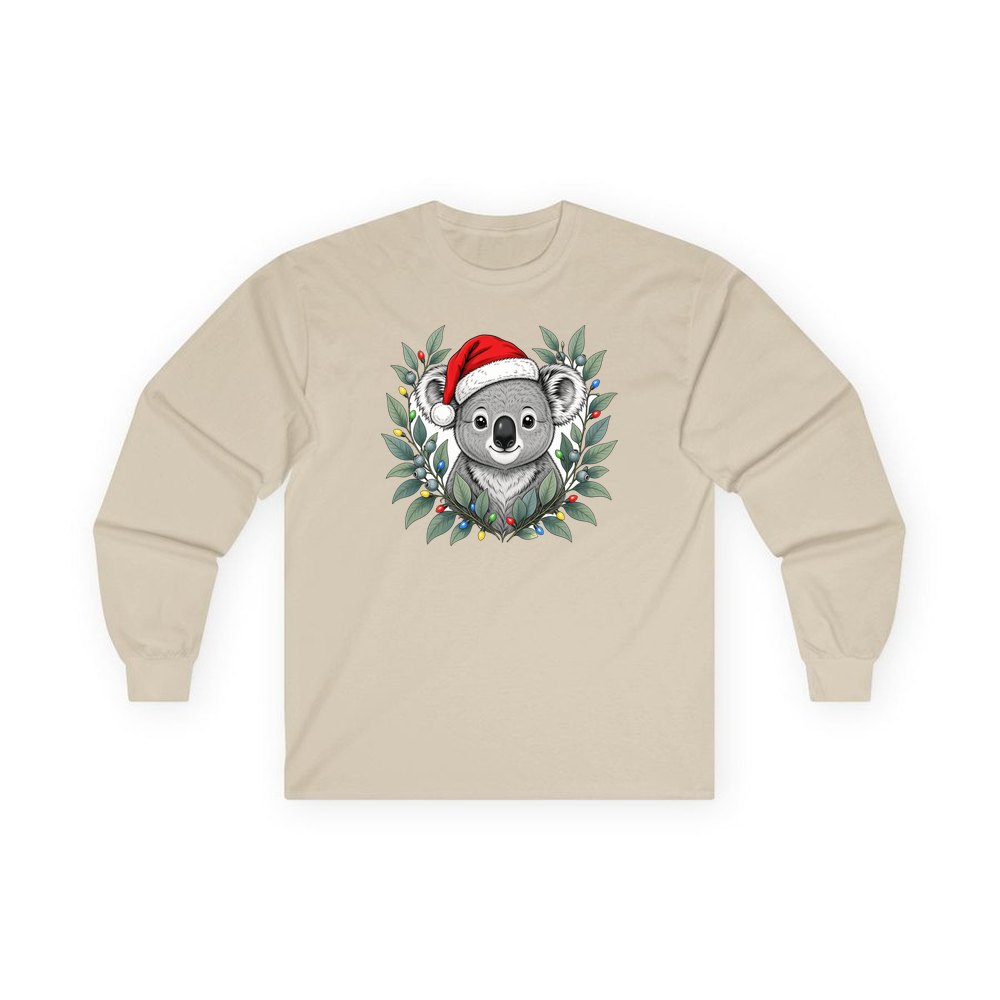 Christmas Koala With Gum Leaves personalised long sleeve Christmas T-shirt in sand