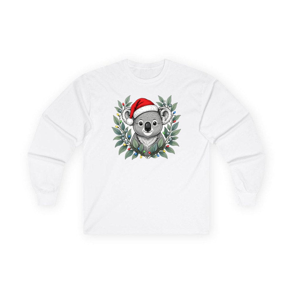 Christmas Koala With Gum Leaves personalised long sleeve Christmas T-shirt in white