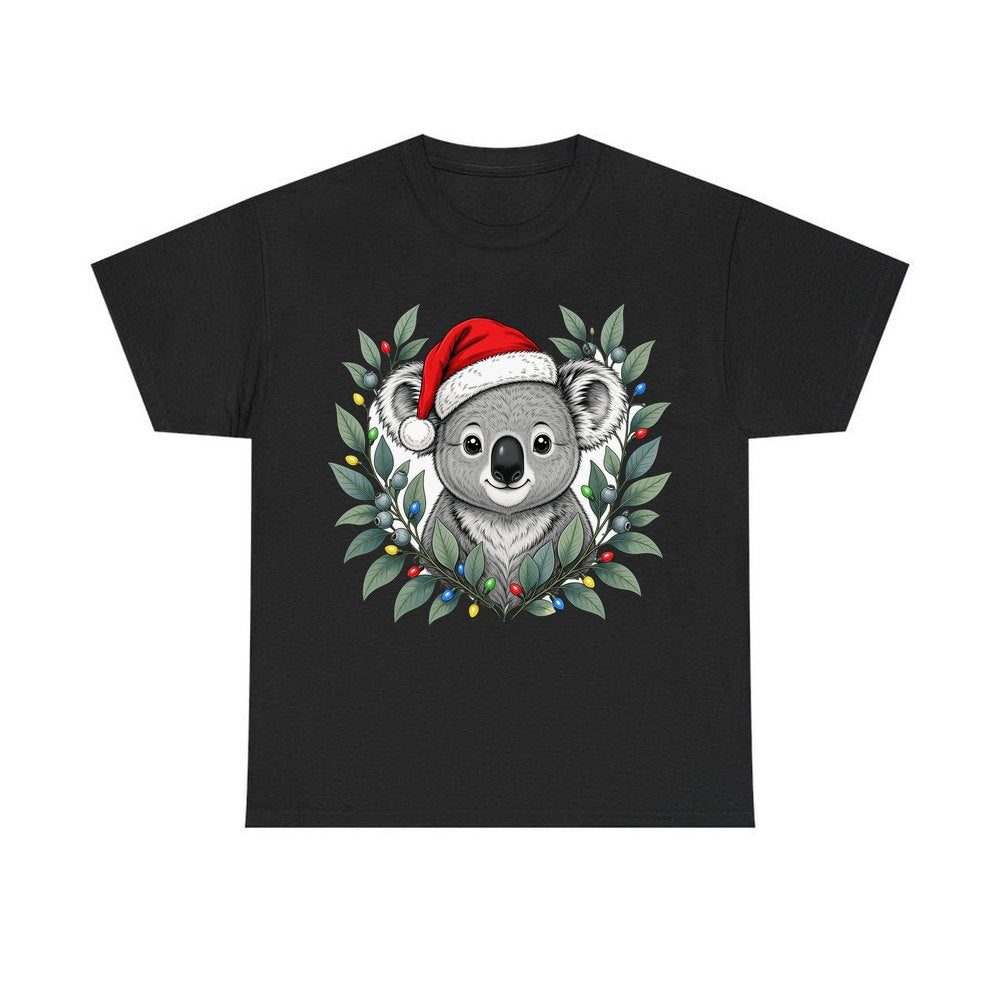 Christmas Koala With Gum Leaves personalised Christmas T-shirt in black