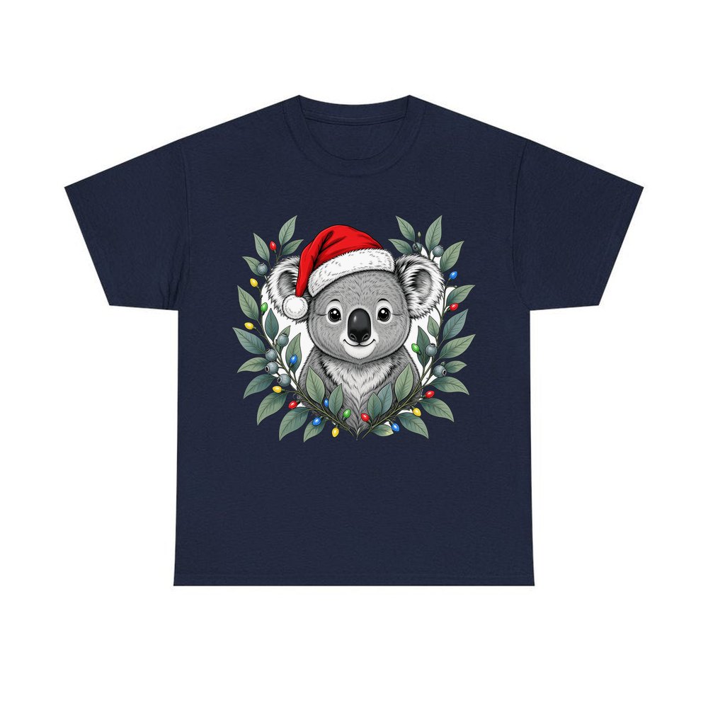 Christmas Koala With Gum Leaves personalised Christmas T-shirt in navy