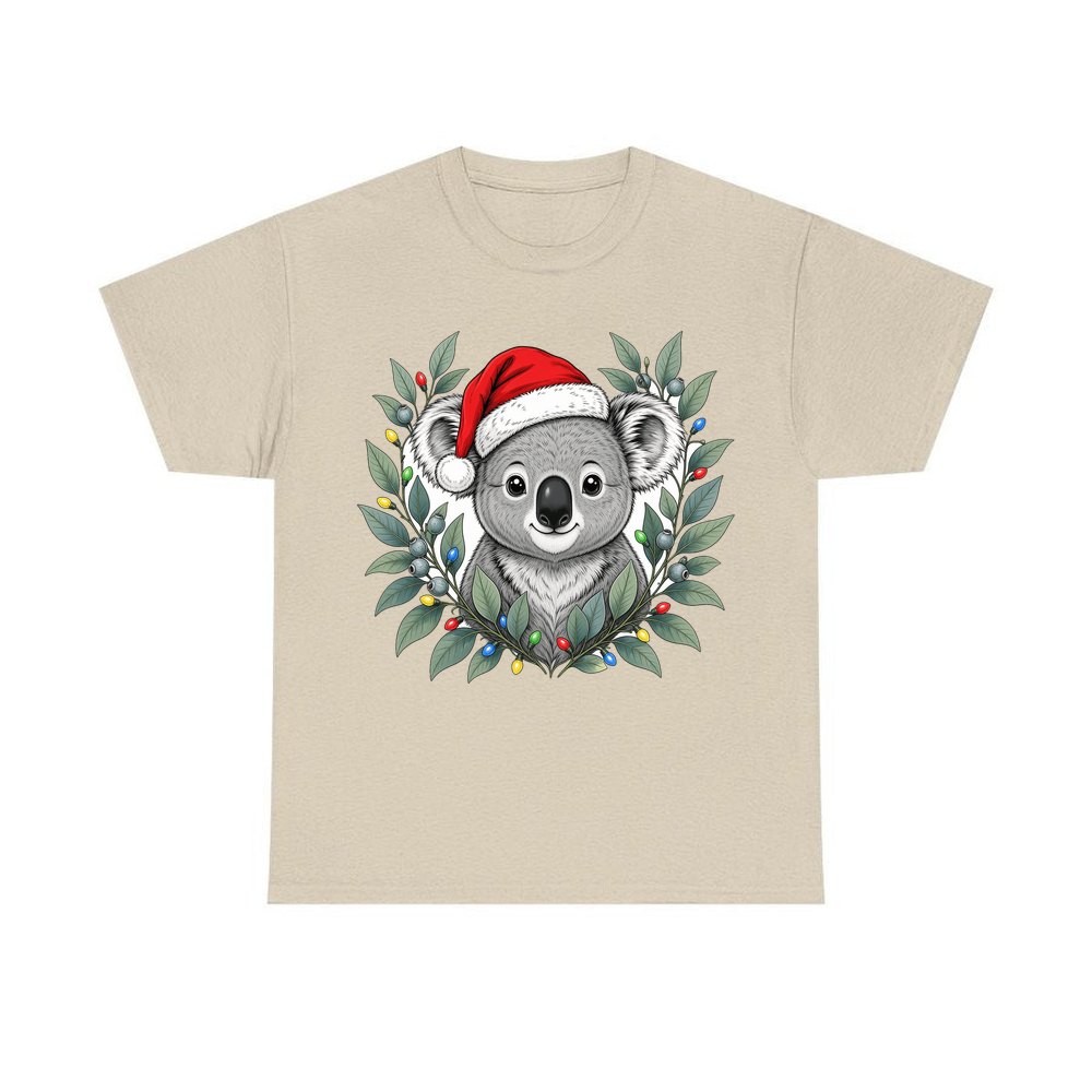 Christmas Koala With Gum Leaves personalised Christmas T-shirt in sand