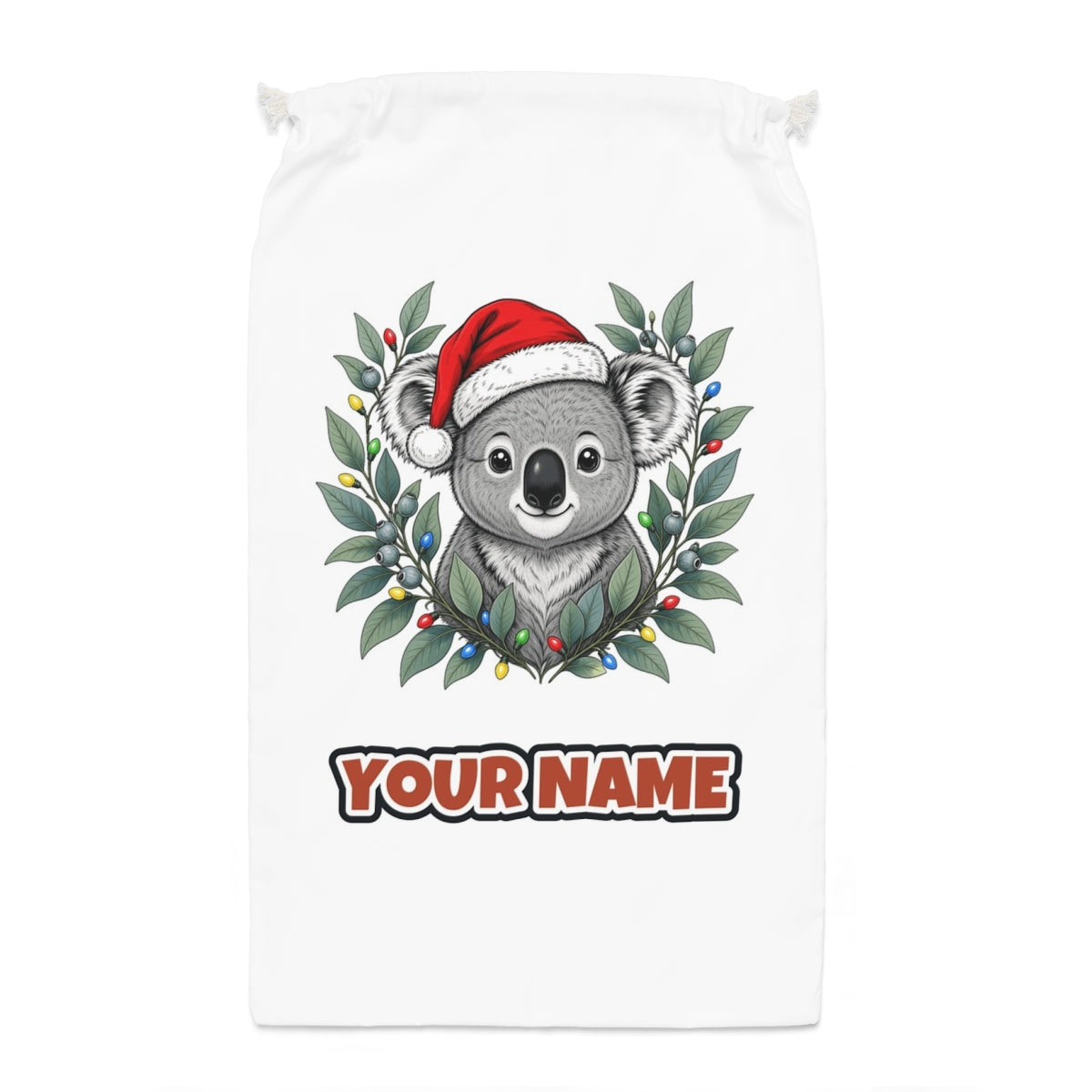Christmas Koala With Gum Leaves Santa sack laid flat, showing the full print