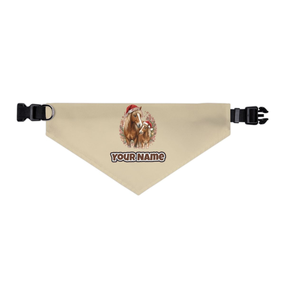Christmas Mare And Foal personalised Christmas pet bandana in beige, collar with buckle