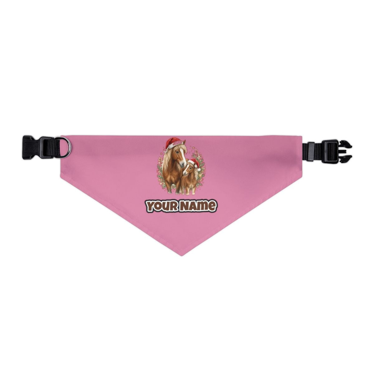 Christmas Mare And Foal personalised Christmas pet bandana in pink, collar with buckle