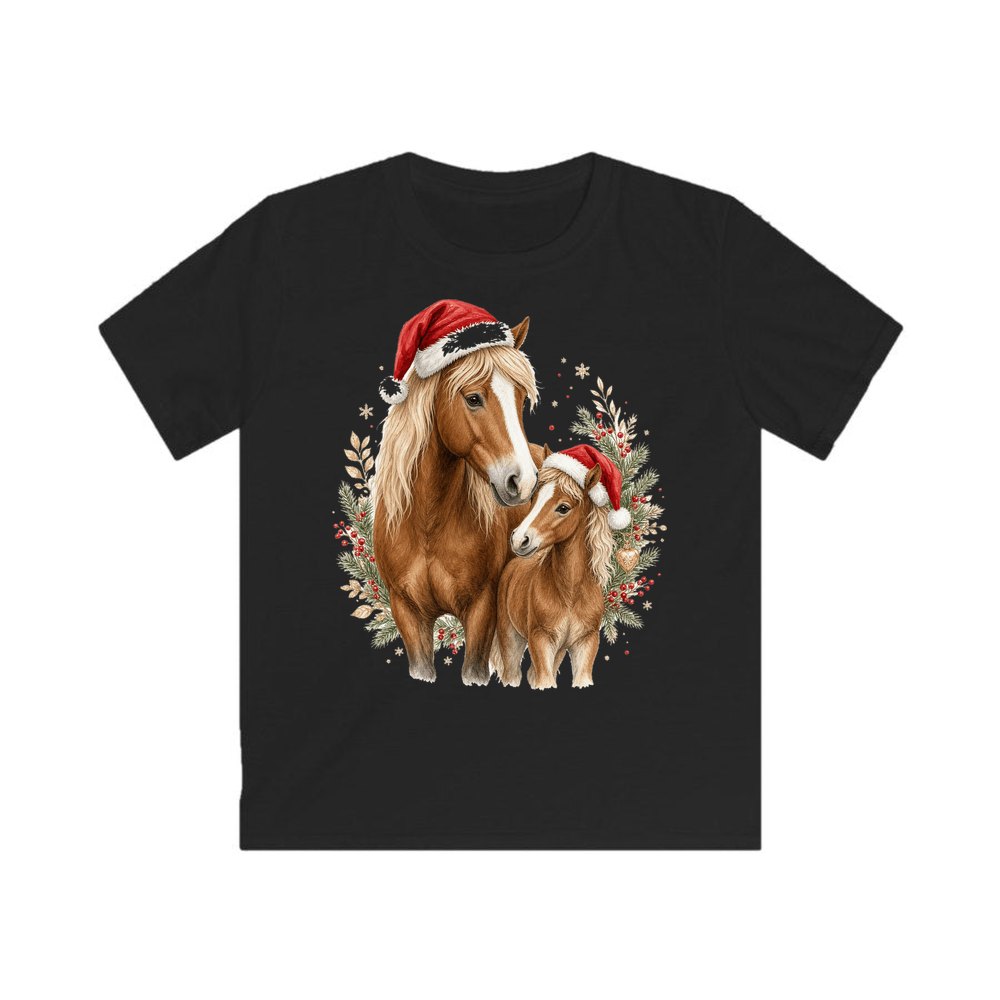 Christmas Mare And Foal personalised kids Christmas tee in black
