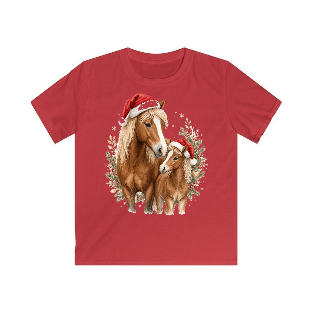 Christmas Mare And Foal personalised kids Christmas tee in red