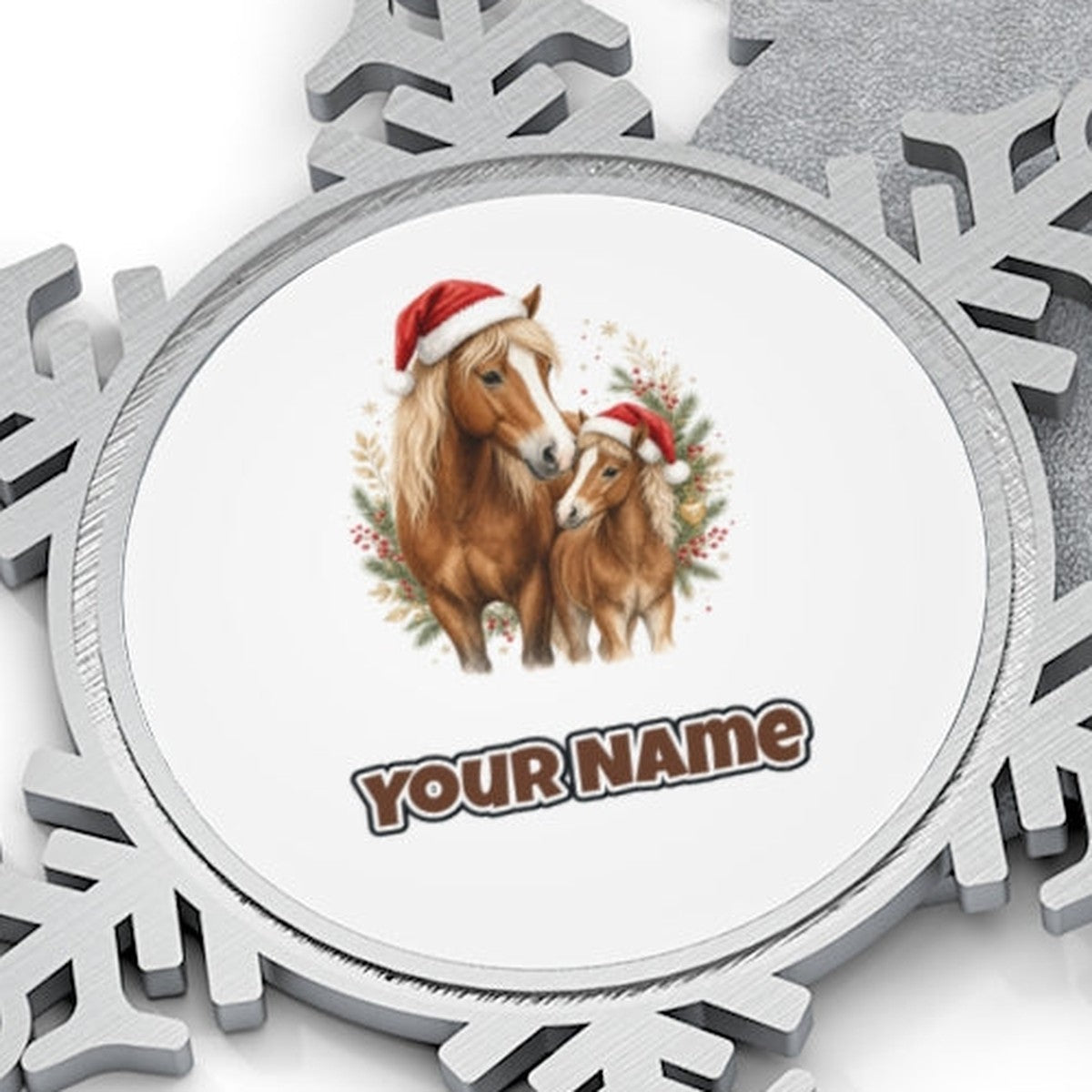 Christmas Mare And Foal Personalised Pewter Christmas Ornament