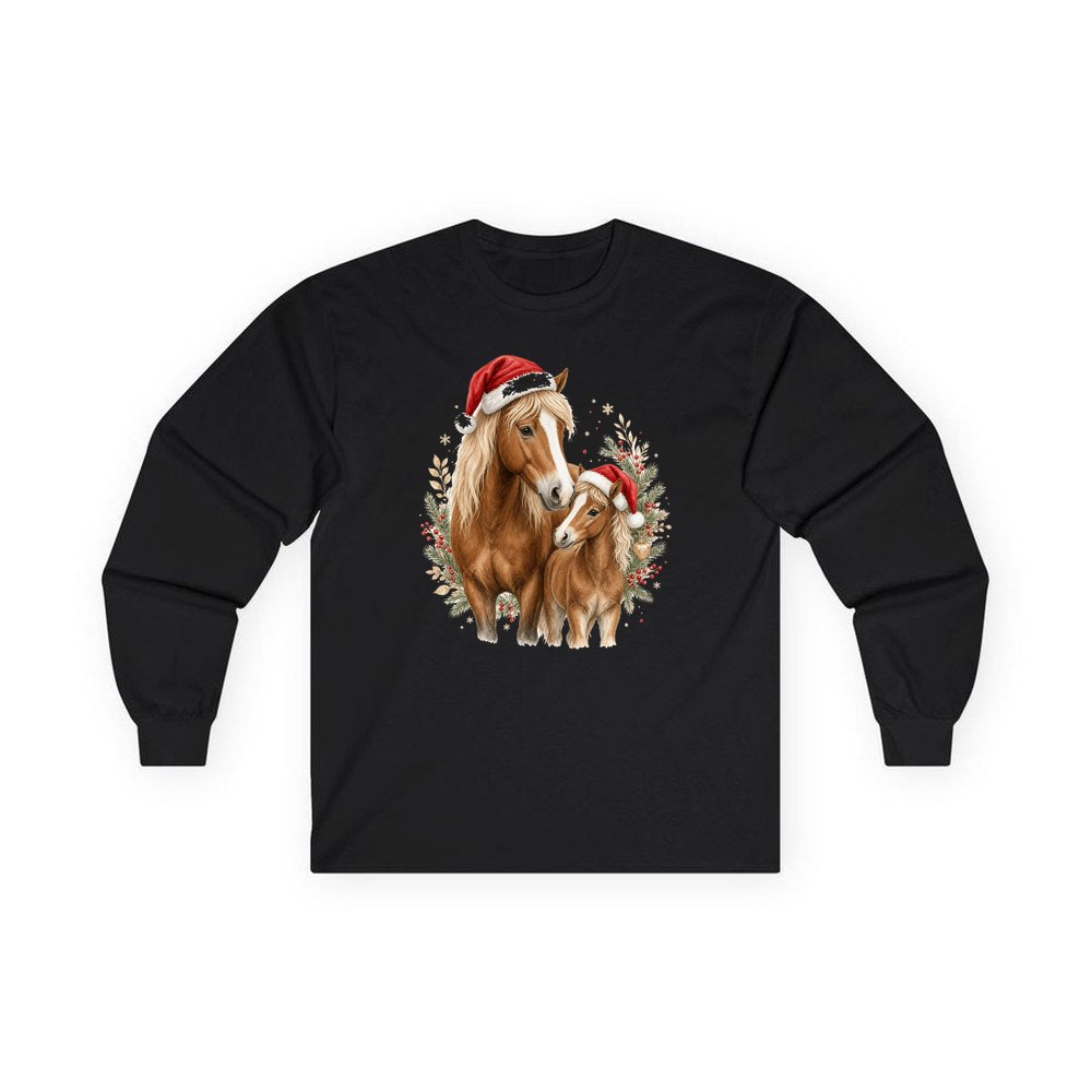 Christmas Mare And Foal personalised long sleeve Christmas T-shirt in black