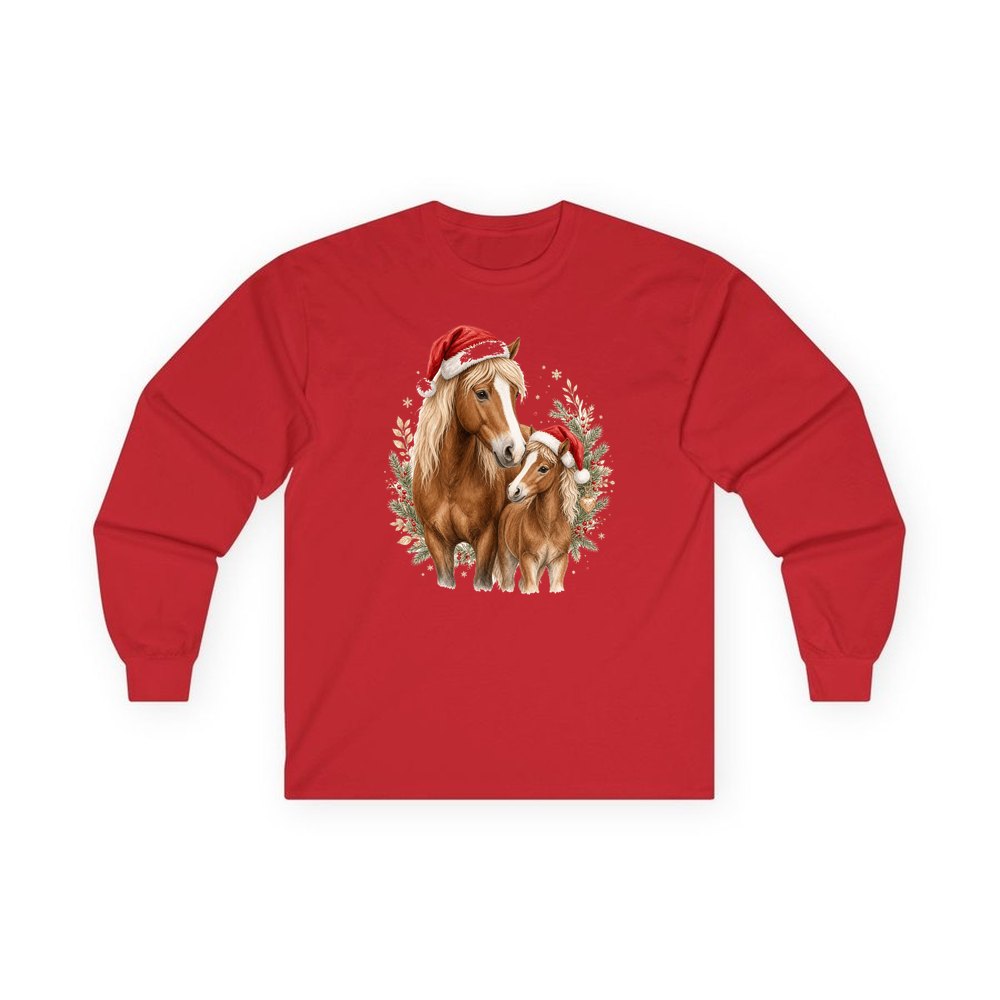 Christmas Mare And Foal personalised long sleeve Christmas T-shirt in red