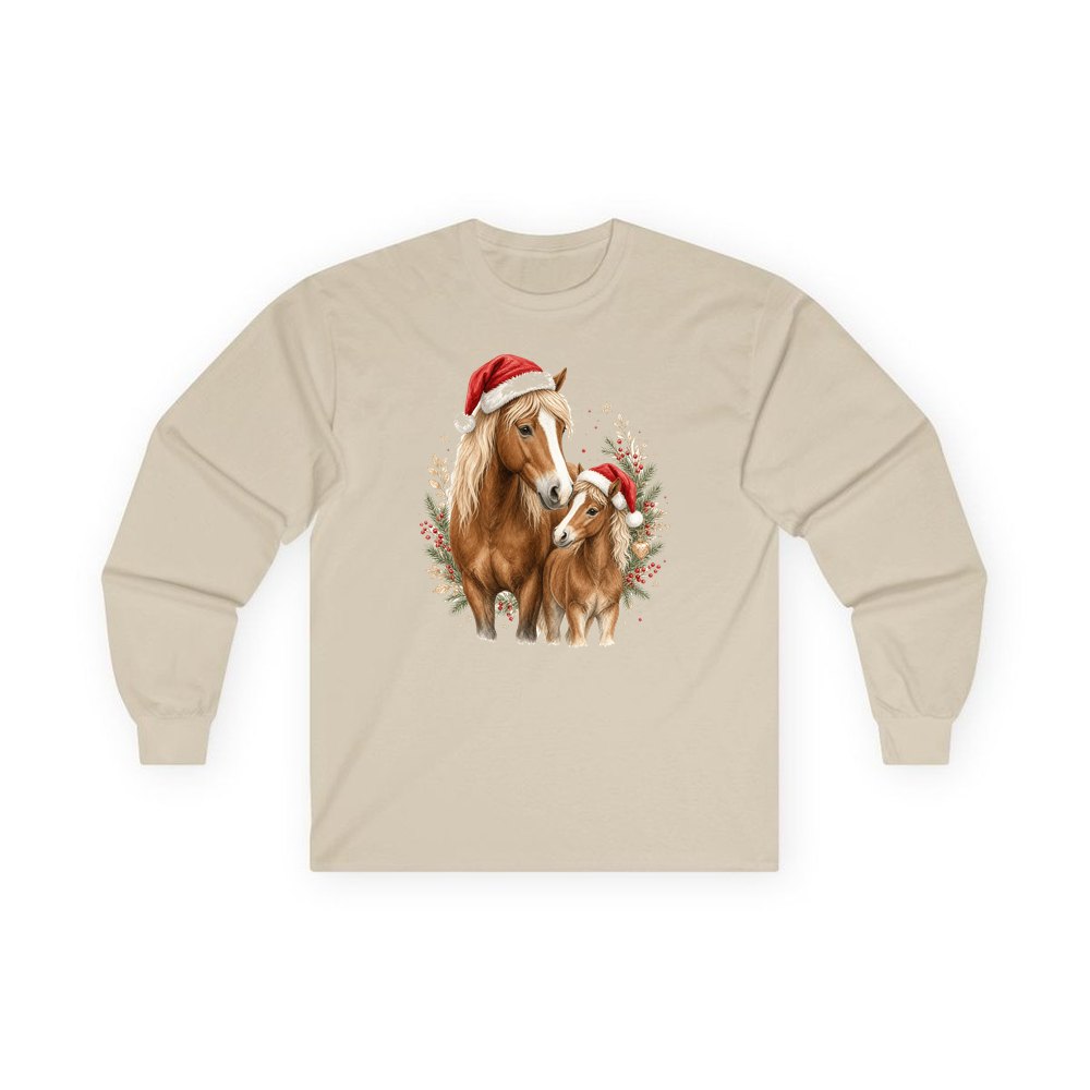 Christmas Mare And Foal personalised long sleeve Christmas T-shirt in sand