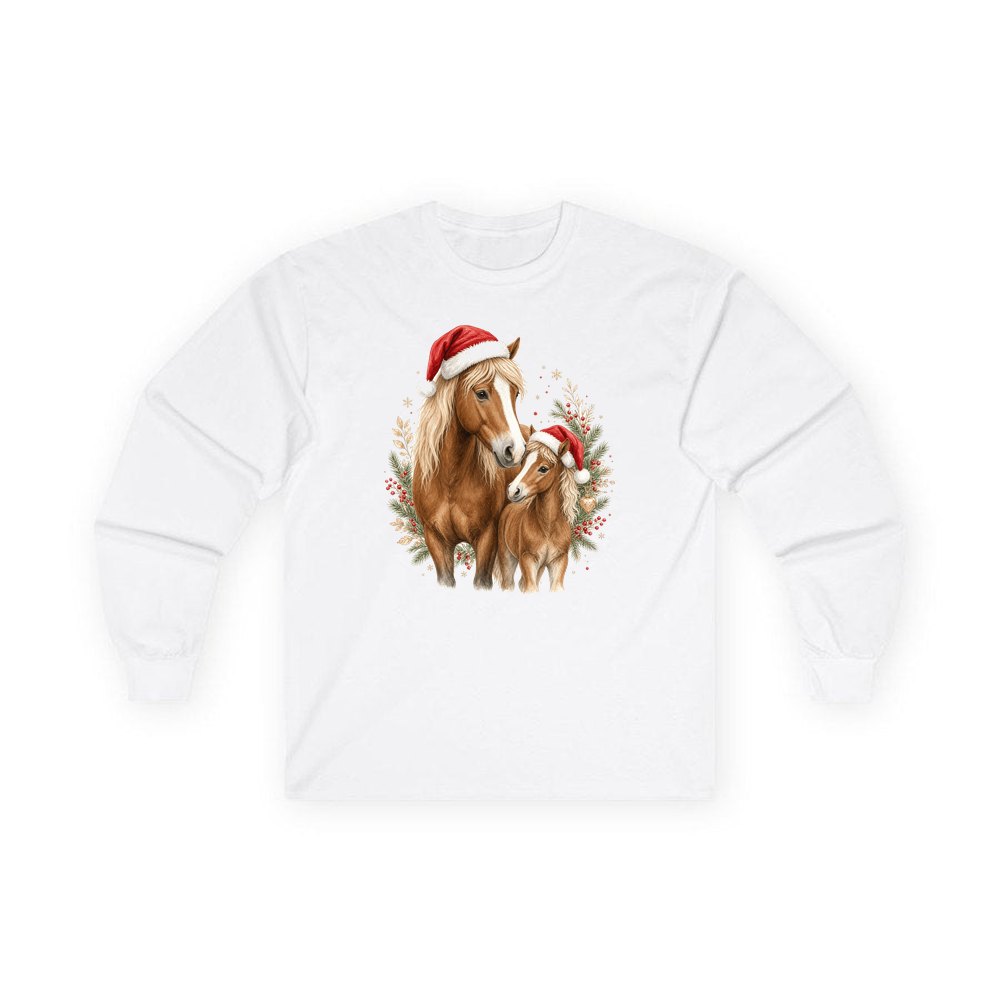 Christmas Mare And Foal personalised long sleeve Christmas T-shirt in white