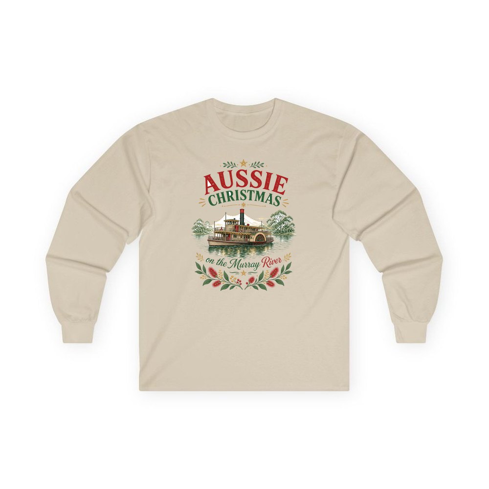 Christmas On The Murray personalised long sleeve Christmas T-shirt in sand