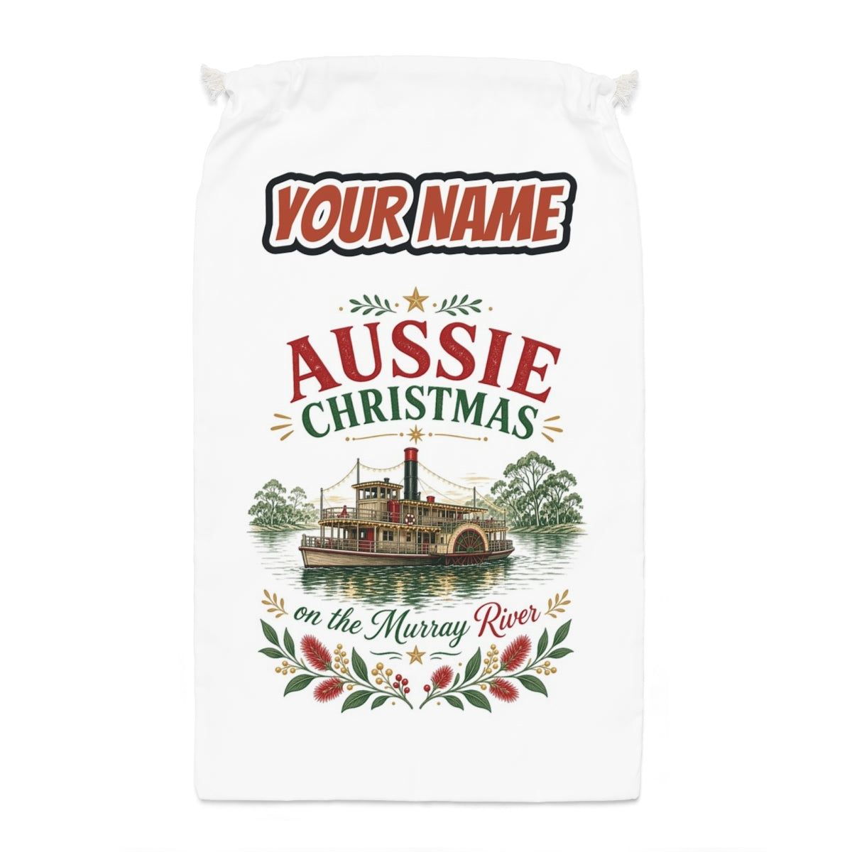 Christmas On The Murray Santa sack laid flat, showing the full print