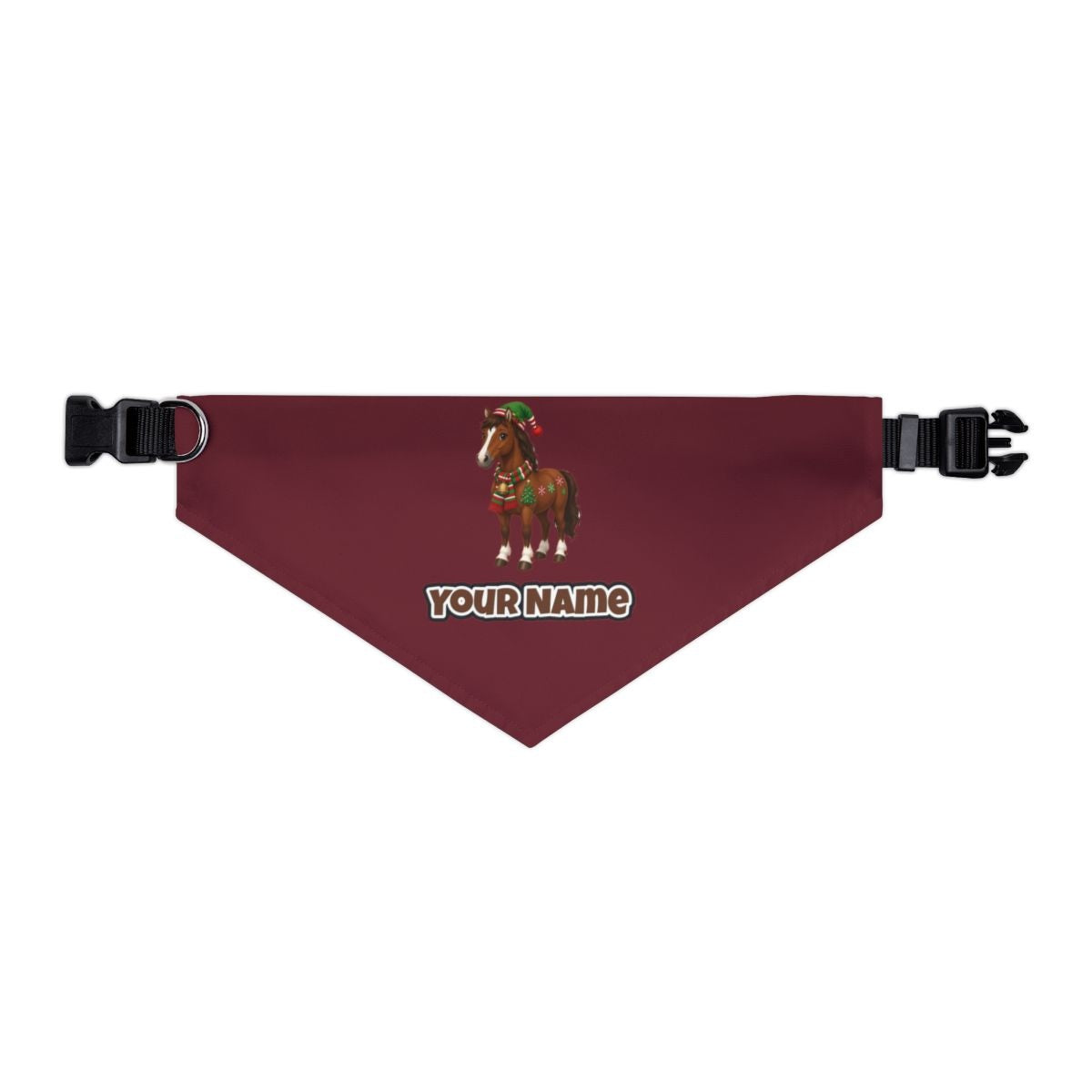 Christmas Pony in Scarf personalised Christmas pet bandana in maroon, collar with buckle
