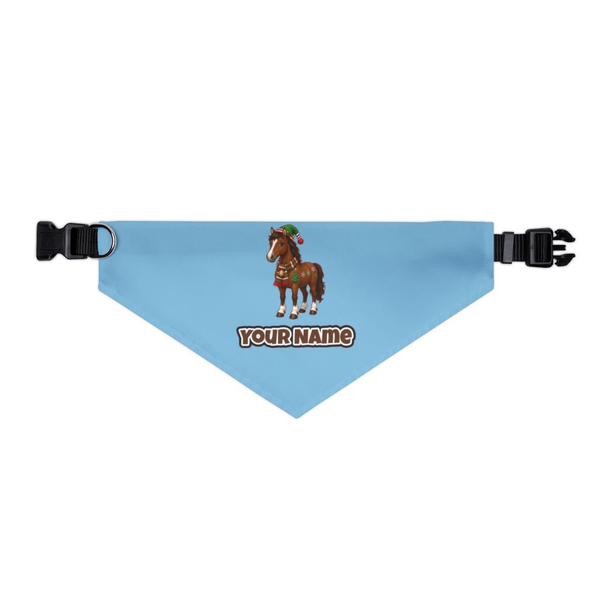 Christmas Pony in Scarf personalised Christmas pet bandana in sky blue, collar with buckle