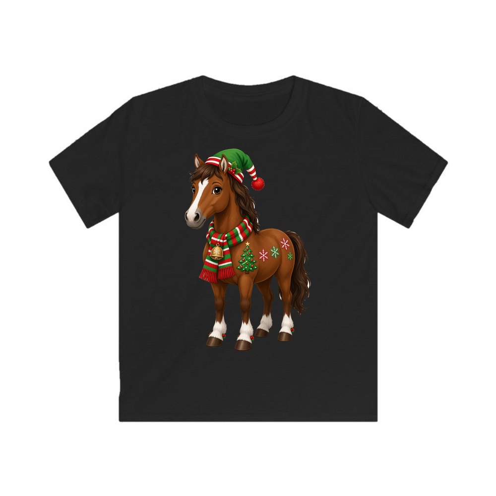 Christmas Pony in Scarf personalised kids Christmas tee in black