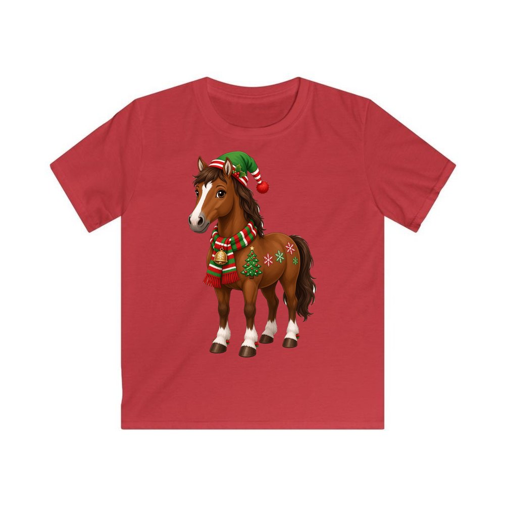 Christmas Pony in Scarf personalised kids Christmas tee in red