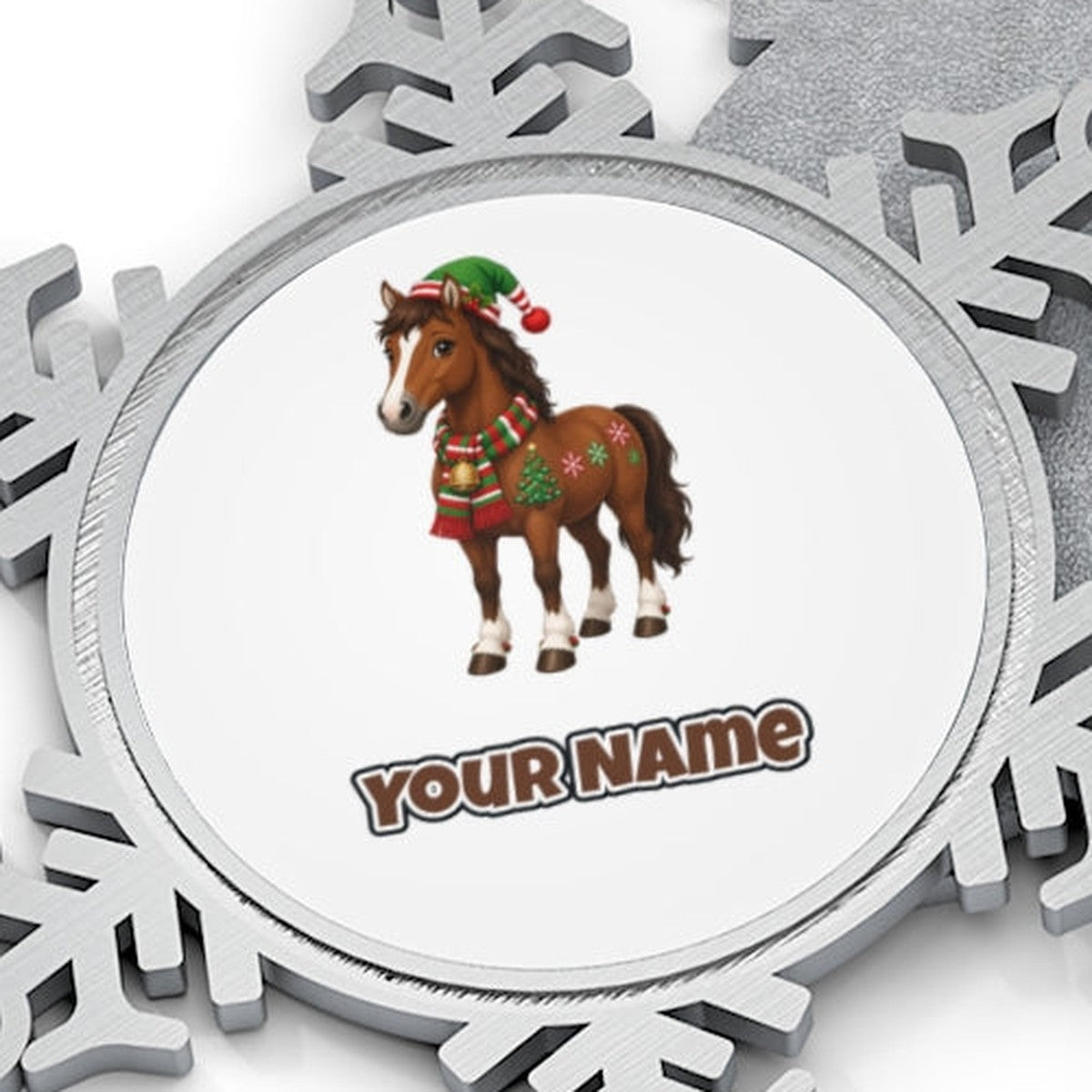 Christmas Pony in Scarf Personalised Pewter Christmas Ornament