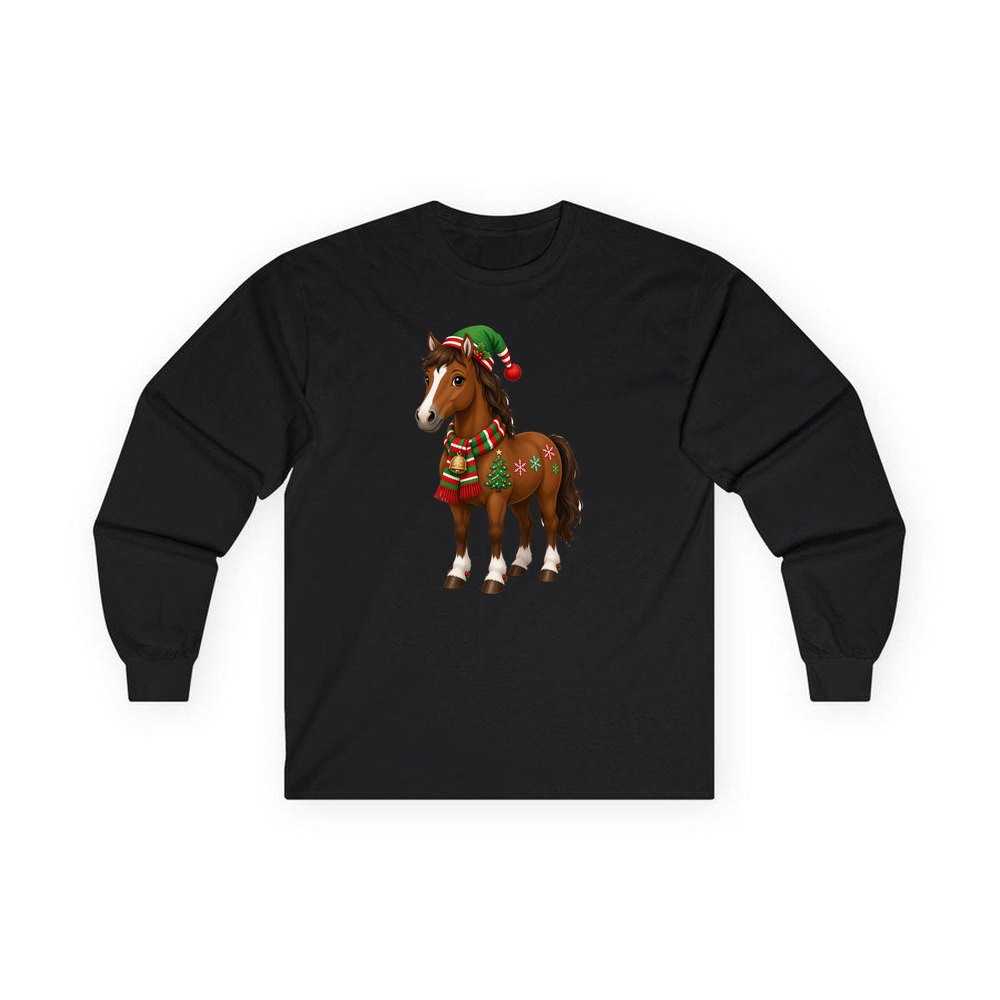 Christmas Pony in Scarf personalised long sleeve Christmas T-shirt in black