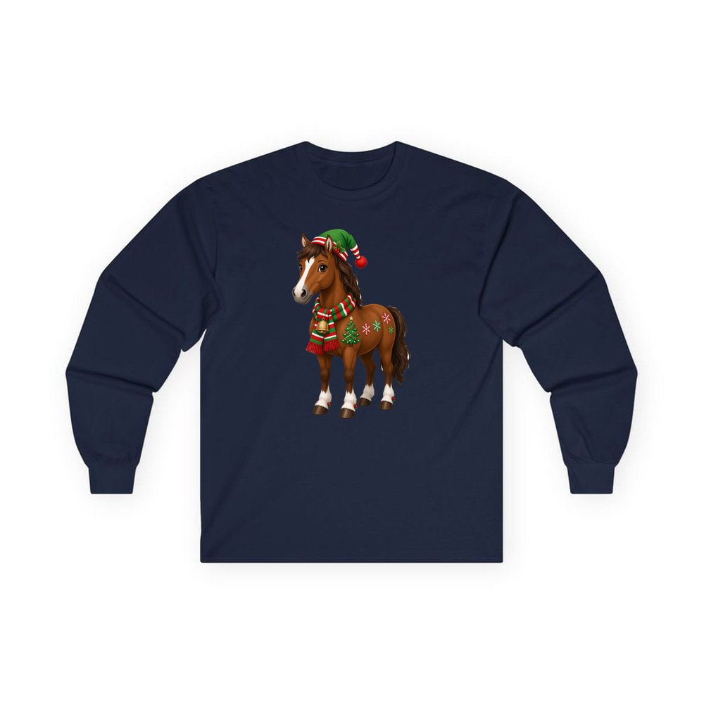 Christmas Pony in Scarf personalised long sleeve Christmas T-shirt in navy