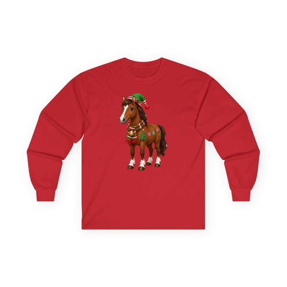 Christmas Pony in Scarf personalised long sleeve Christmas T-shirt in red