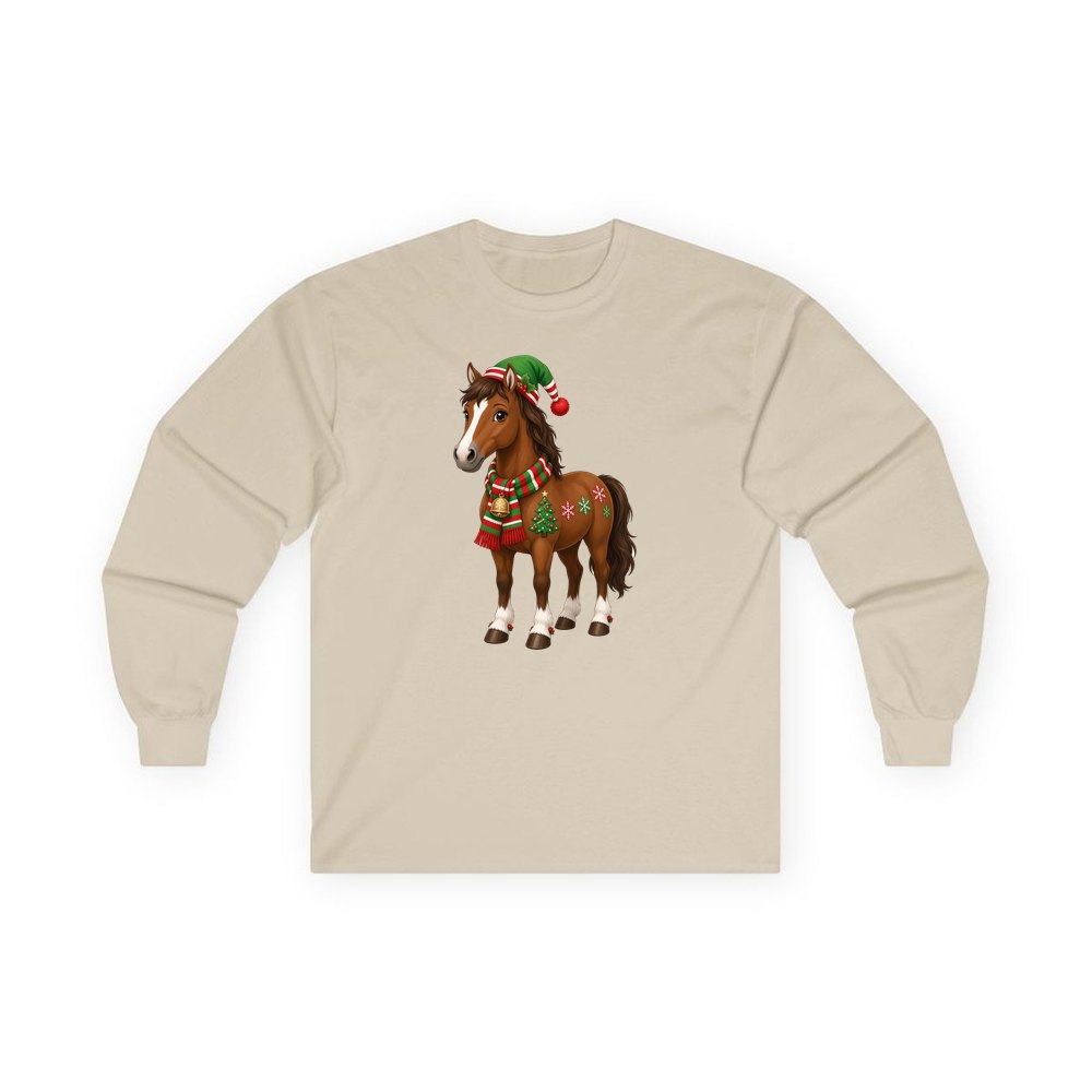 Christmas Pony in Scarf personalised long sleeve Christmas T-shirt in sand