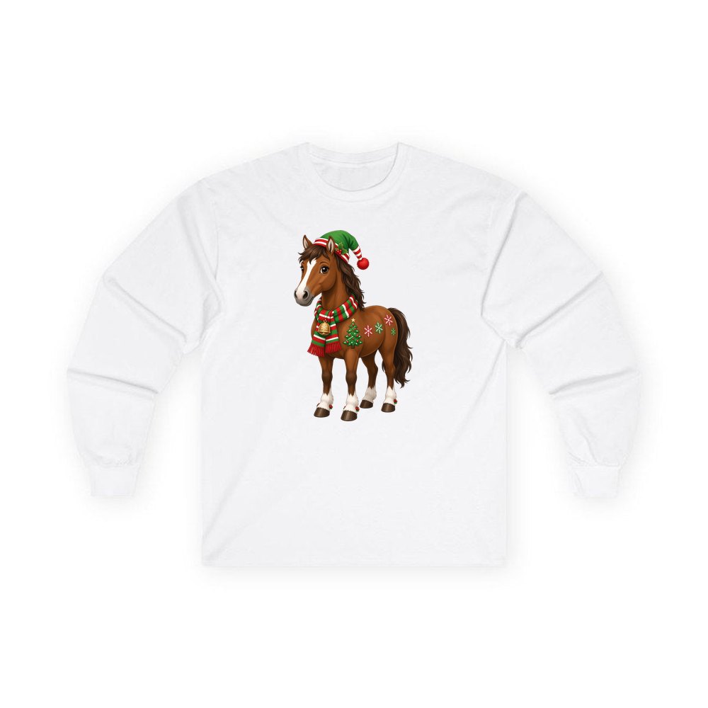 Christmas Pony in Scarf personalised long sleeve Christmas T-shirt in white
