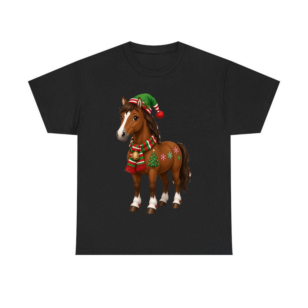 Christmas Pony in Scarf personalised Christmas T-shirt in black