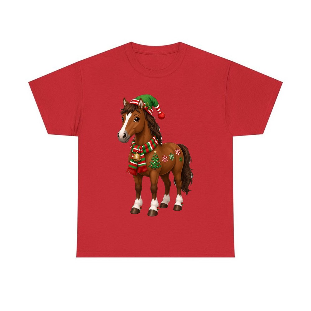 Christmas Pony in Scarf personalised Christmas T-shirt in red