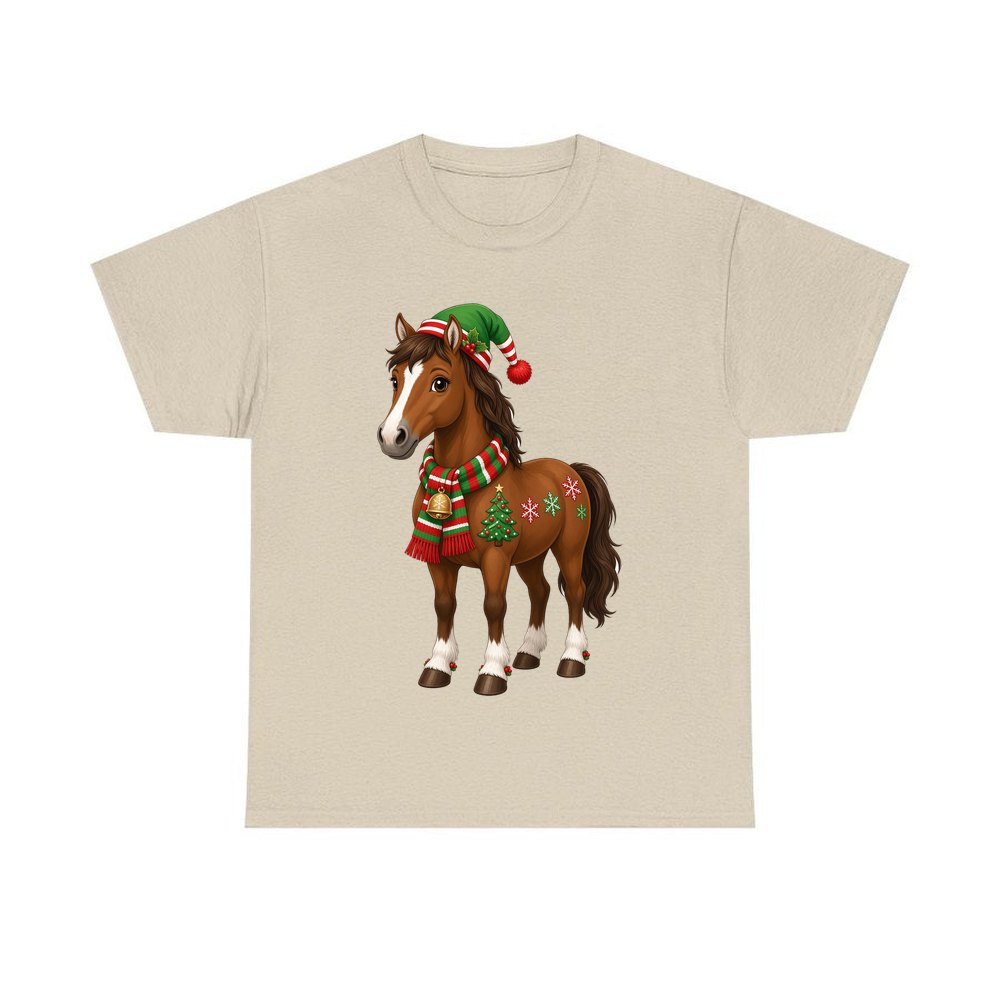 Christmas Pony in Scarf personalised Christmas T-shirt in sand